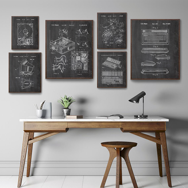 Office Tech Room - 6-delige vintage computerpatent wanddecoratieset, technische blauwdrukken