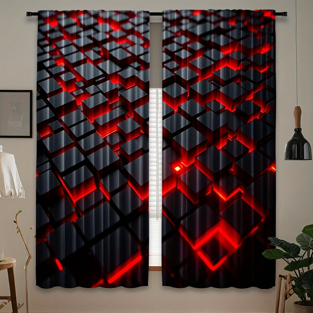 Office Tech Room - 2 stuks geometrische gordijnen rood zwart